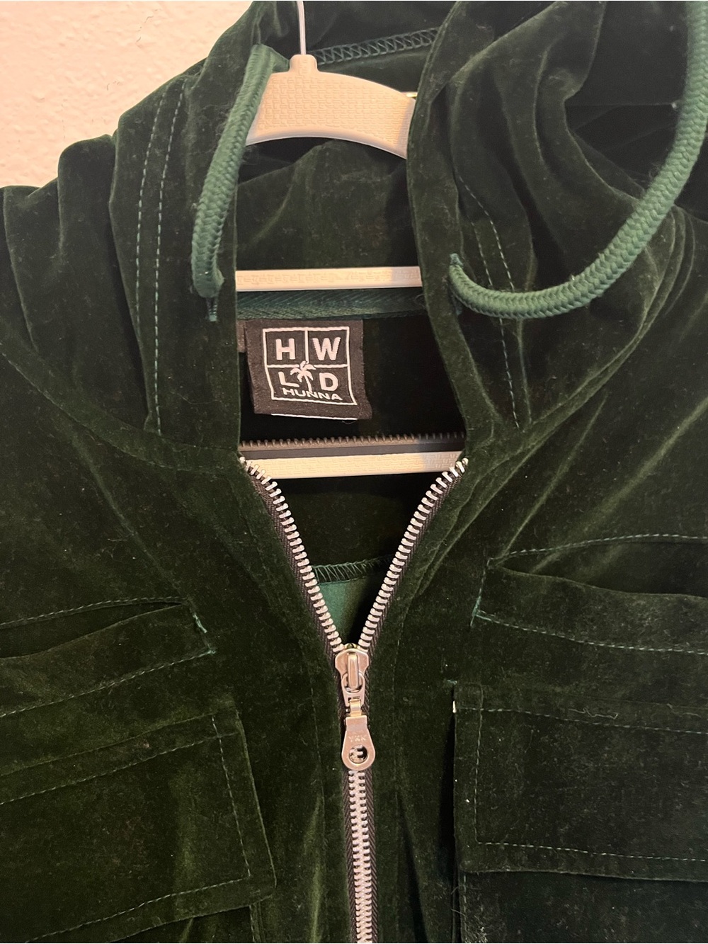 Dark Green Velvet Zip-Front Utility Jacket
